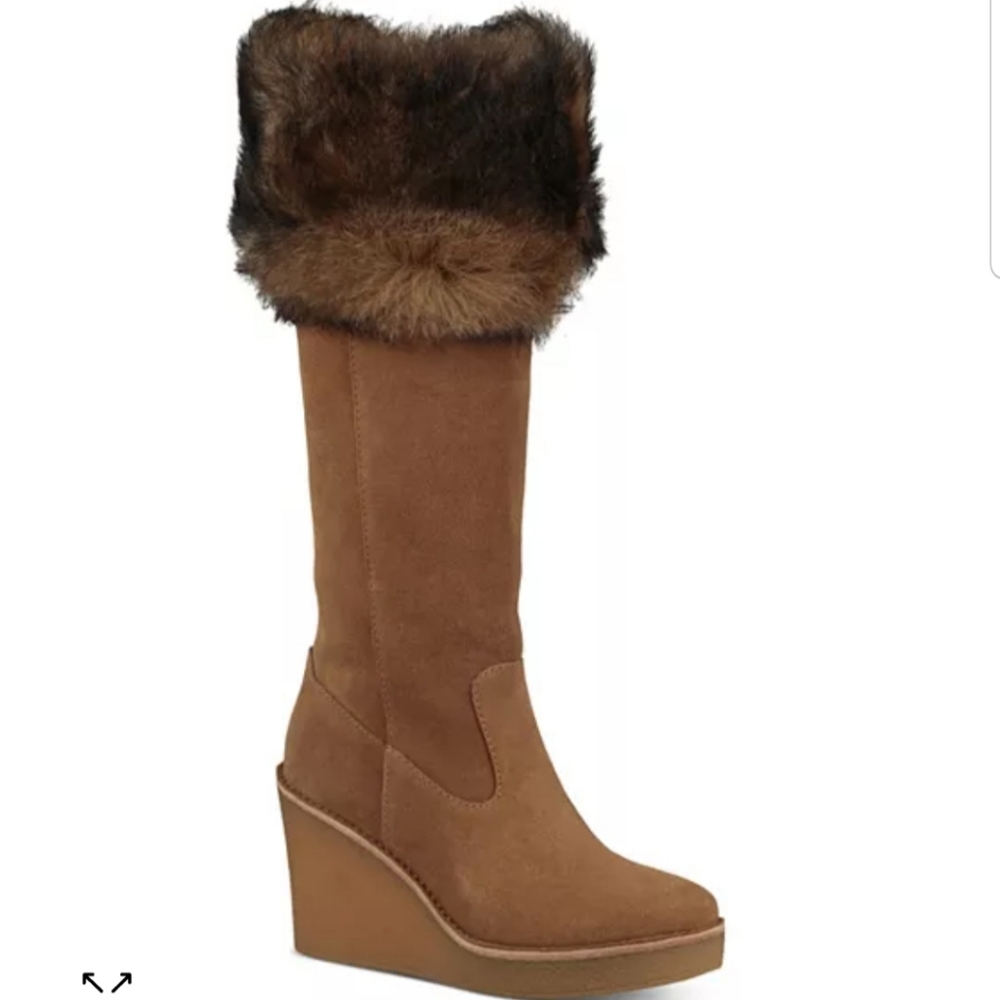 UGG Womens Valberg Suede Sheepskin Tall Wedge Boots